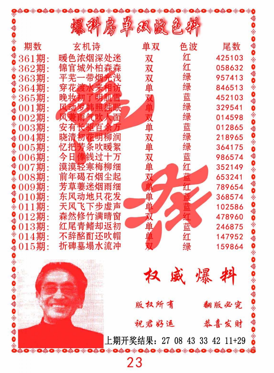 002期爆料房单双波色料[图]